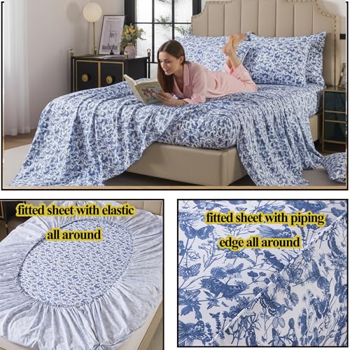 Image of FADFAY Blue Toile Sheets Set Cal King French Country Farmhouse Bedding Vintage Butterfly Floral Bedding 100% Egyptian Cotton Soft Sheet Set with Deep Pocket Fitted Sheet 4Pcs, California King Size
