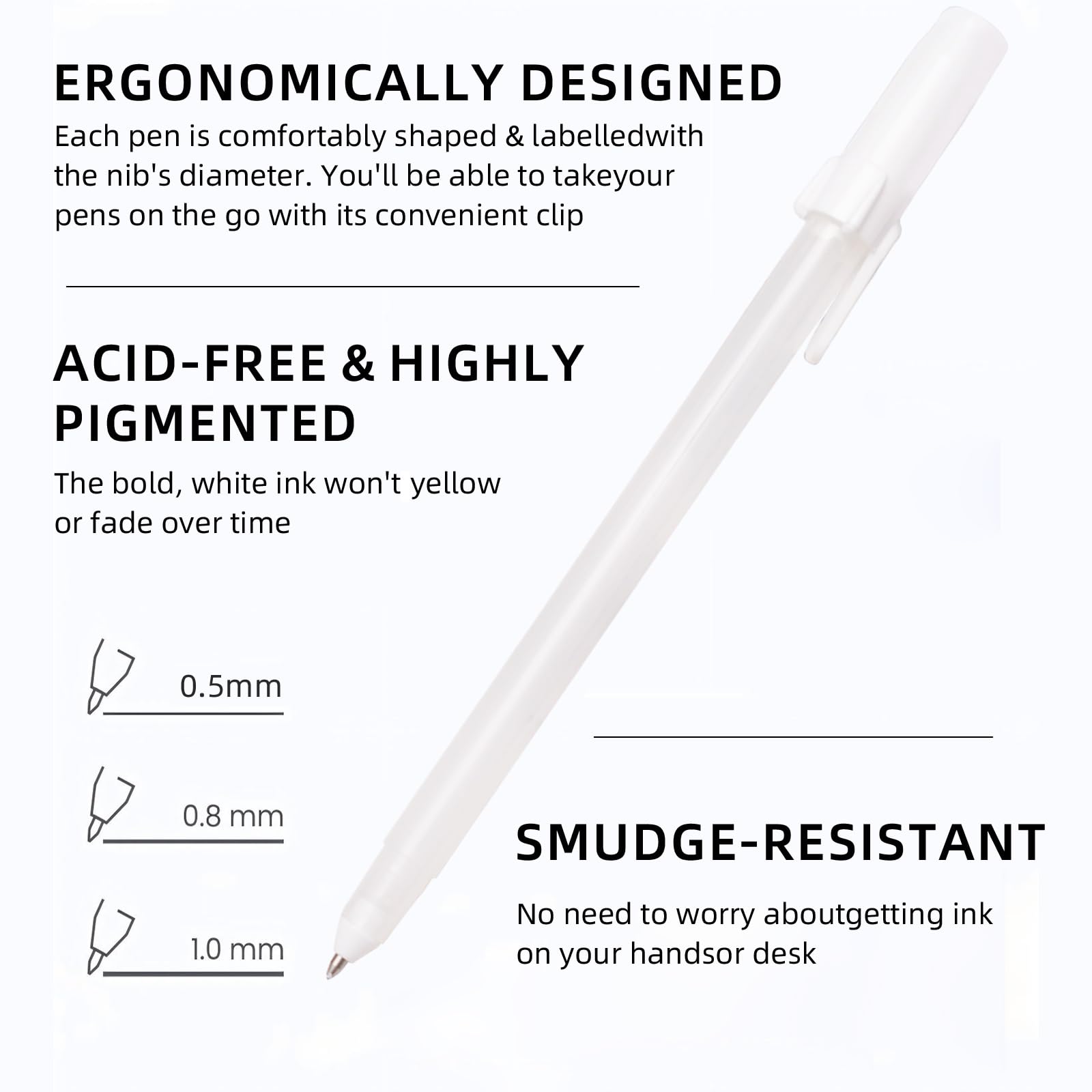 White Gel Pens 3 Tip Sizes Pack Fine 0 5mm Medium 0 8mm Bold 1 0mm White Ink — view 3
