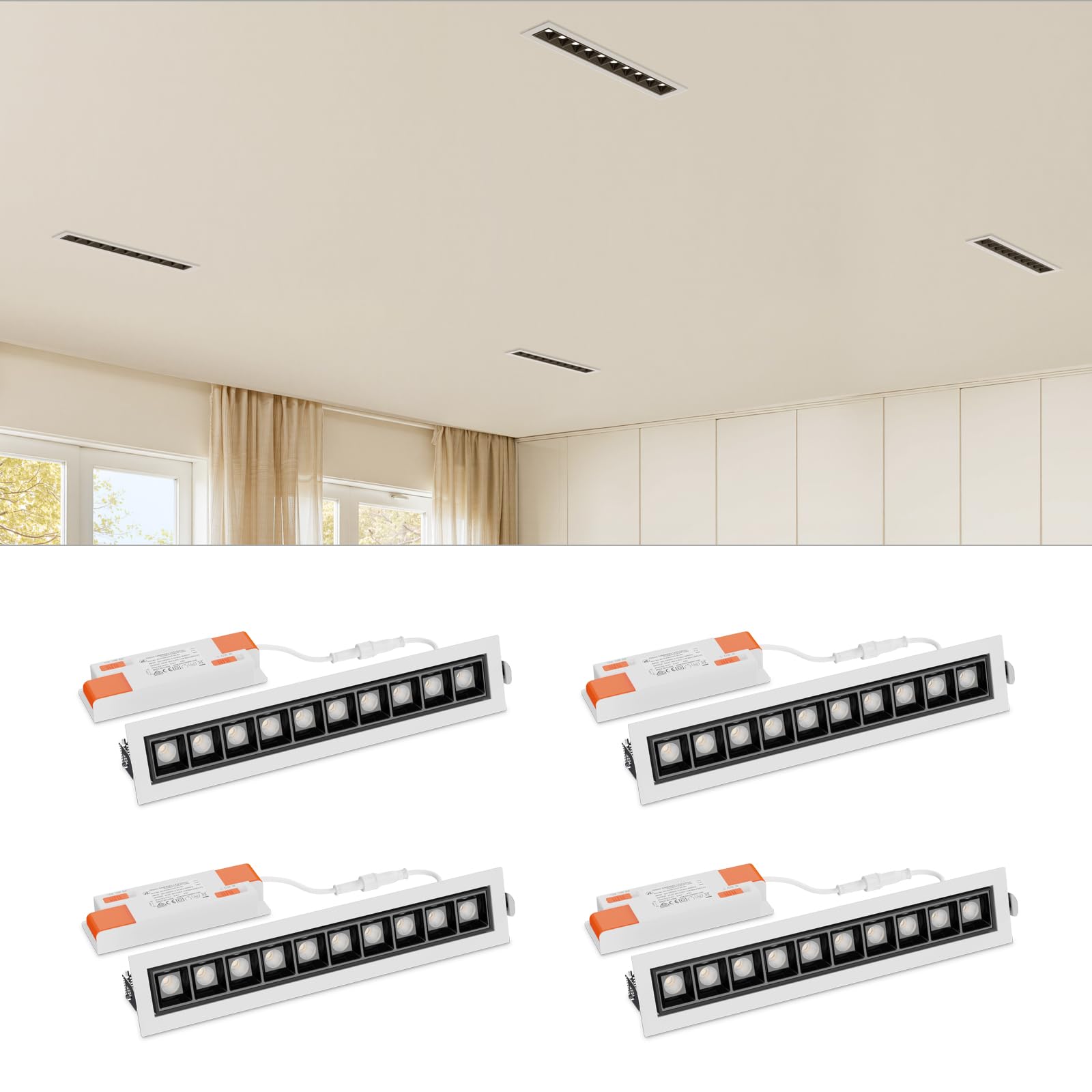 SCON Luminaires encastrés, 10W luminaire encastré à grille, angle de faisceau réglable, 3 températures de couleur, 3000–6500 K, adaptés au salon, à la cuisine et au couloir, lot de 4