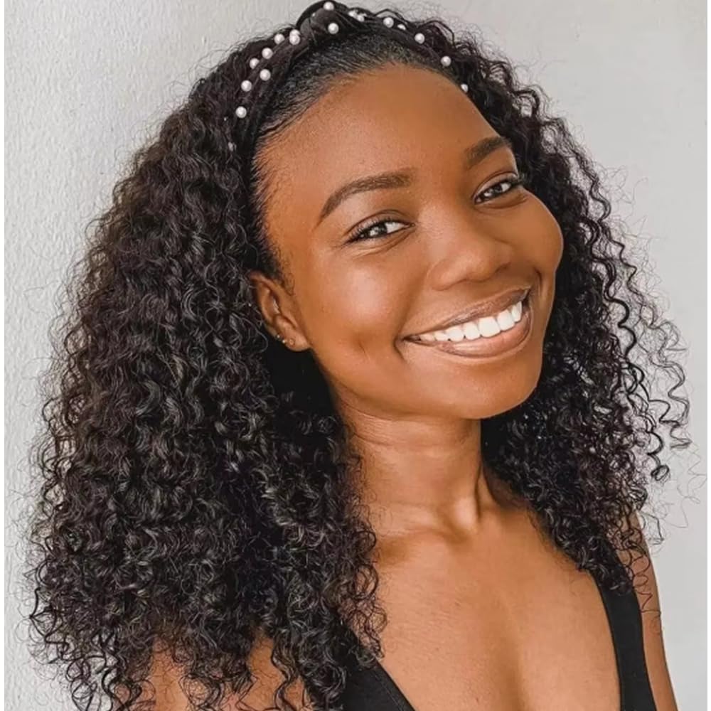 iesste Deep Wave Headband Wig Human Hair 18Inch Glueless Non Lace Front Wig Machine Made Wigs 180% Density Brazilian Wet and Wavy Curly Hair Headband