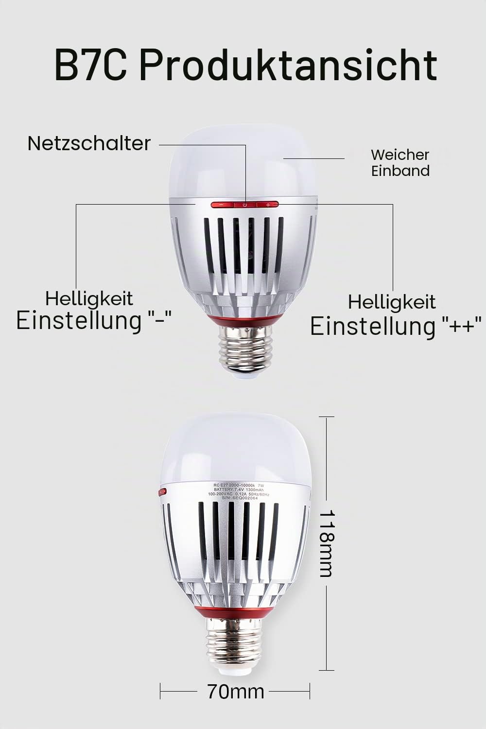 Aputure Accent B7C Smart Led Glühbirnen 7W RGBWW, TLCI 96+ CRI 95+ 2.000-10.000K, Einstellbar 0-100% Stufenlos Dimmbar, CCT/HSI/FX Modus Sidus Link App, Steuerung Eingebaute Batterie/AC Power