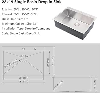 Jshozzy 28 Inch Drop in Kitchen Sink, 28