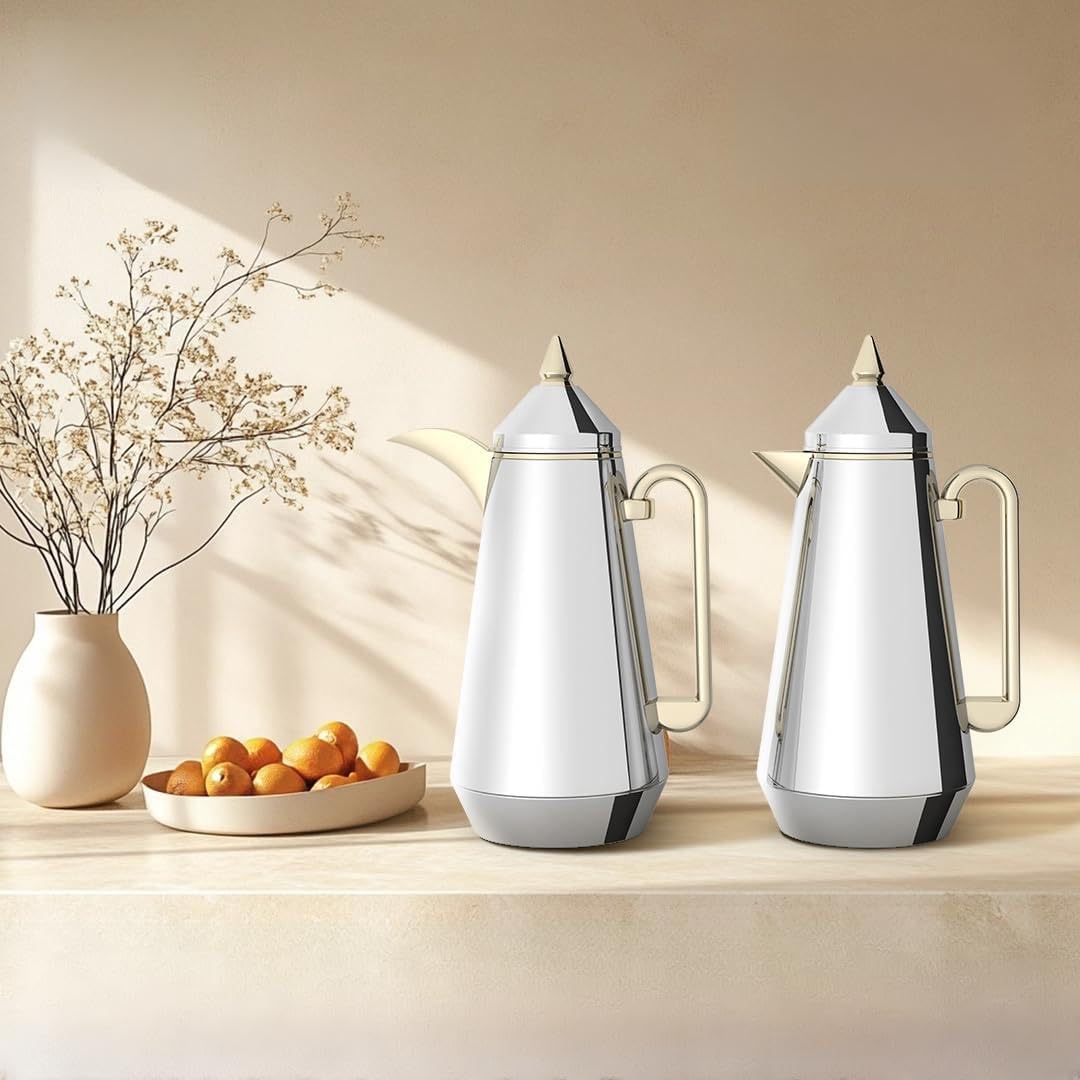 Regal by Ripple Vacuum Flask Set (2 x 1L), Double Wall Stainless Steel Body with Glass Liner, Hot & Cold Insulated Vacuum Jugs, Leak-Resistant, for Arabic Coffee & Tea (Silver+ Gold)