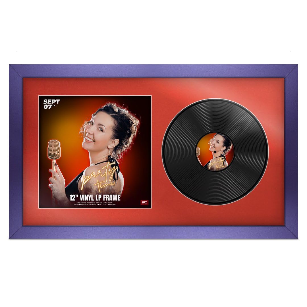 Procut Global 30x17" Purple Vinyl Record Frame for 12 Inch LP Cover & Disc - Premium Display Modern Photo Frame - Engineered Wood with Shatterproof Perspex - Music Lover Gift - Poppy Red Mount