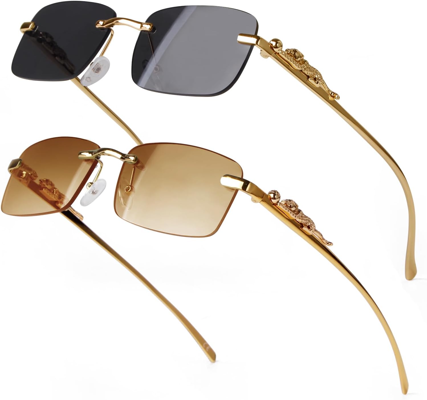 Vintage Rimless Rectangle Sunglasses for Women Men,Trendy Gold Metal Frameless Squa...