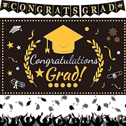 Eaaglo Graduation Decorations 2022, Congrats Grad Graduation Banner, Extra Large Black Gold Congratulations Backdrop Yard Sign, Outdoor Indoor Wall Apartment Decor Graduation Party Supplies
