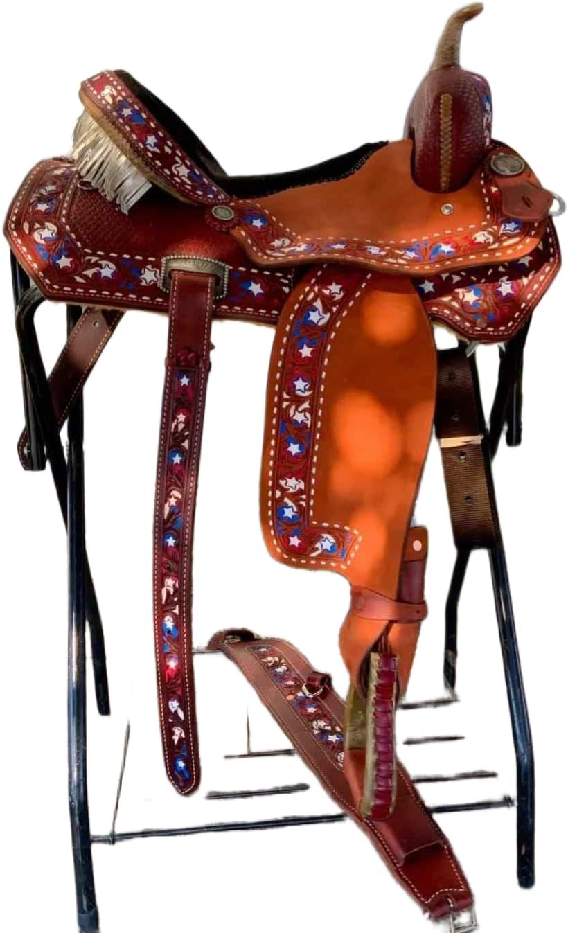 Premium Leather Horse Saddle Barrel Racing Western Wooden Tree Custom Cowboy Cowgirl Handmade Pleasure Comfort Trail Tack Equestrian Tooled Carved Saddle for Riding Size: 10-18 inch Seat, MO-25