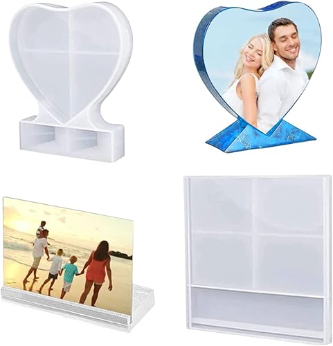 Paquete de 2 moldes de resina para marcos de fotos, moldes de silicona epoxi rectangulares y en forma de corazón para decoración del hogar,