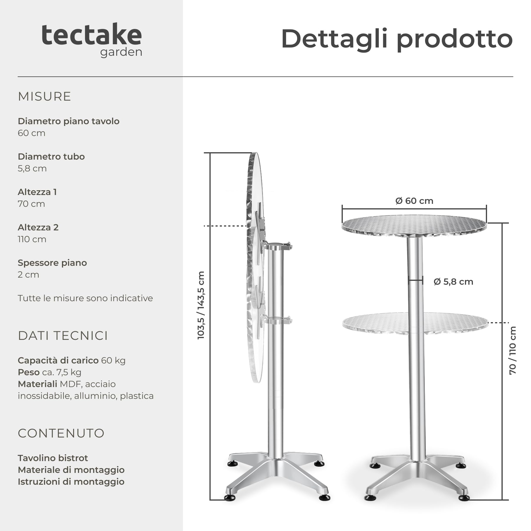 tectake® Tavolo da Bistrot, Alluminio Pieghevole, Altezza Regolabile 74/114 cm, Piano in Acciaio Inox Ø 60cm, Resistente agli Agenti Atmosferici, Perfetto per Esterni ed Interni - Frederic
