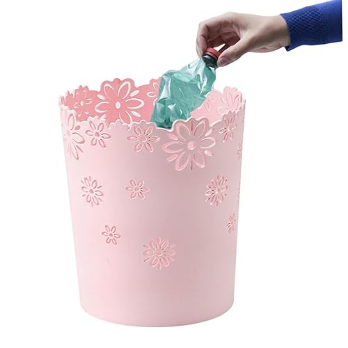 Papelera redonda de color rosa, papelera de basura para dormitorio, cesta de basura de plástico, hueco de plástico, cesta de basura con encaje de