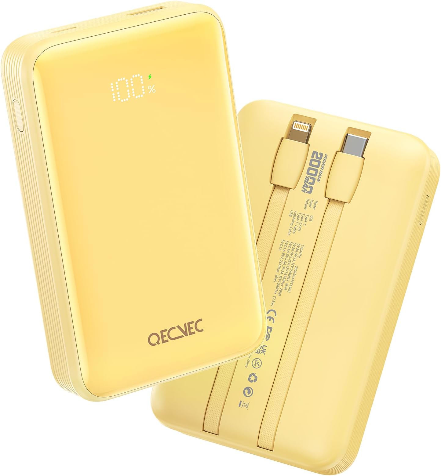 Power Bank,Portable Charger 20000mAh with 2 Built-in Cables, 22.5w Fast Charging Battery Pack, LED Display Backup Battery, Travel Battery Pack for iPad, iphone Samsung and More (Yellow)