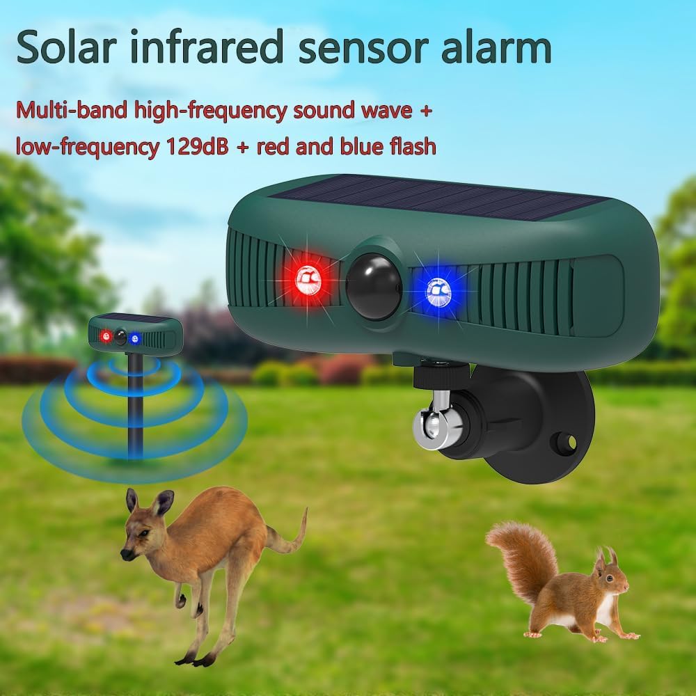 Sensor de movimiento de alarma solar exterior, 2 x 129 dB sirena de seguridad fuerte, 4 modos, luces de flash rojas y azules activadas por movimiento, los intrusos huyen rápidamente