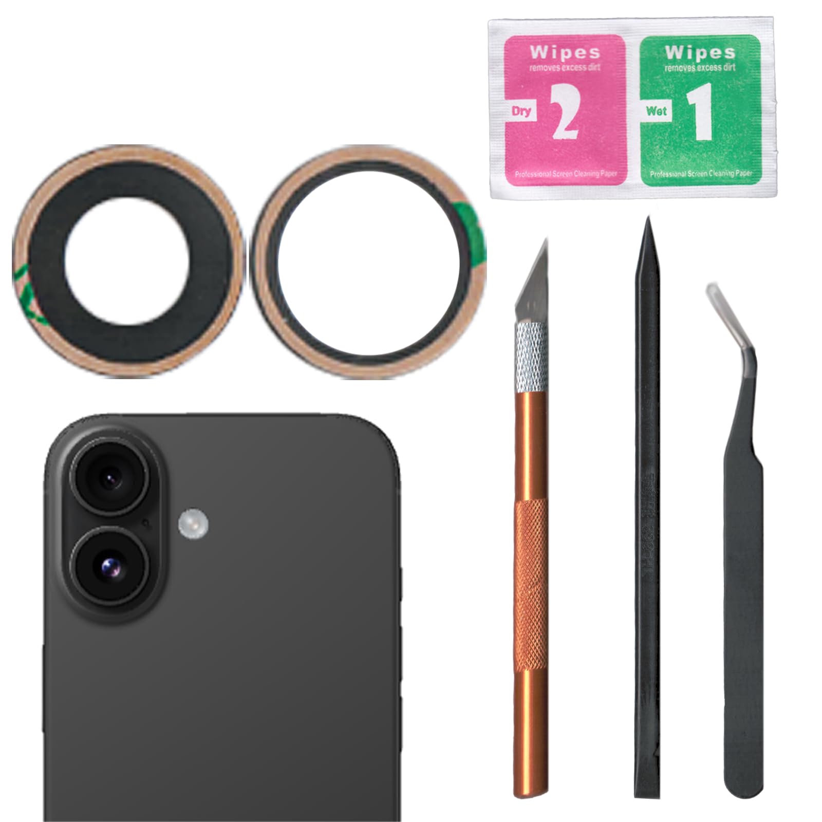 16 Camera Lens Glass Replacement for iPhone 16,16 Back Rear Camera Lens Replacement with Pre-Installed Adhesive, Back Glass Camera Lens,Repair Tool Set