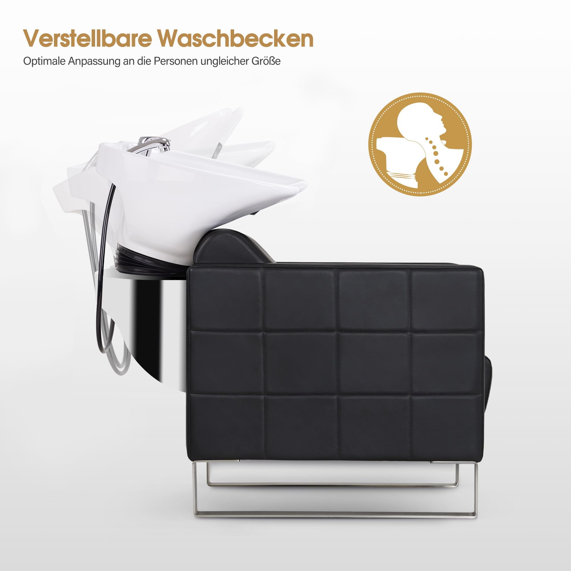 Sedia da barbiere con lavandino in acciaio inox e ceramica regolabile 8611 (Bianco/Finta Pelle)