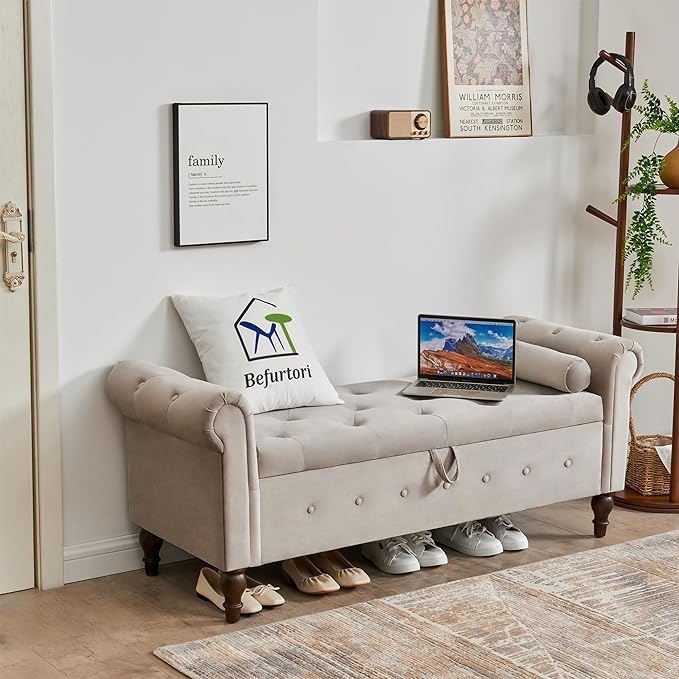 Image of LEGACY OF COMFORT F4 Velvet Upholstered Storage Bench Sofa Bench Sofa couches Rolled Arm Window Bench Ottoman Bench 2 Seater Sofa Chaise Lounger or Living Room Bedroom Office (Light Grey)