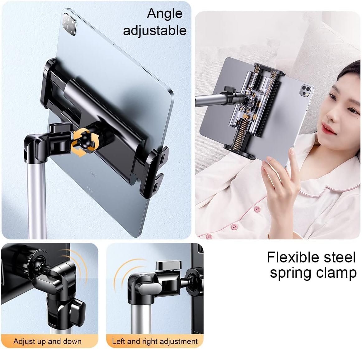 Niumowa Support au sol pour tablette, rotation à 360 degrés avec hauteur réglable compatible avec téléphones/tablettes de 4,7"-13", Kindle, support pour téléphone de 63", alliage d'aluminium, pour lit