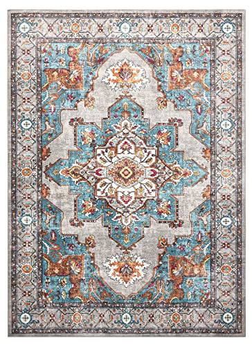 Area Rug Living Room Rugs: 8X10 Washable Large Carpet Boho Oriental Persian Distressed Bohemian Non-Slip Area Rugs For Dining Room Farmhouse Bedroom Office Home Decor Grey/Teal #TOP2
