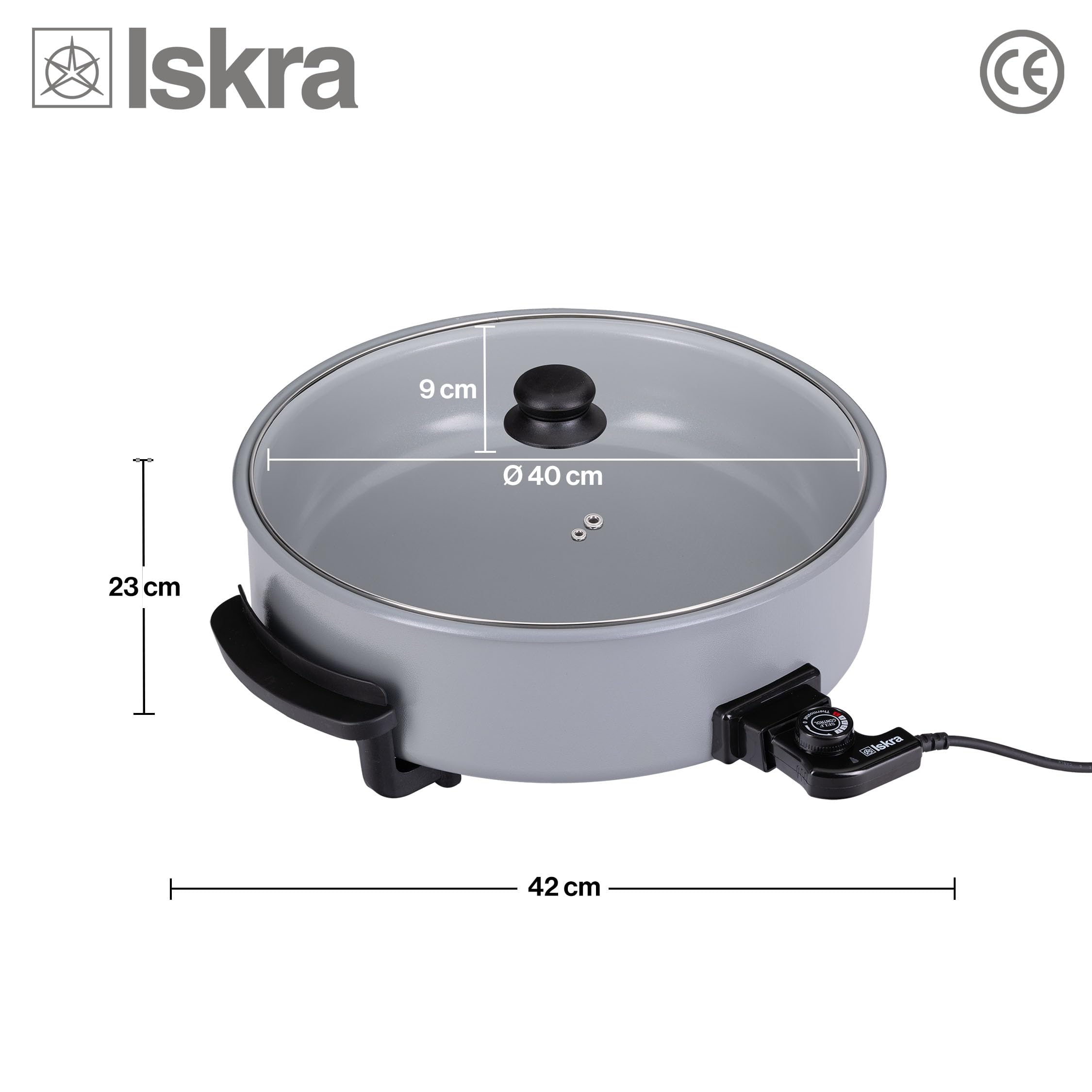 Iskra große elektrische Partypfanne mit Deckel, Keramik Beschichtung, 40 cm x 9 cm