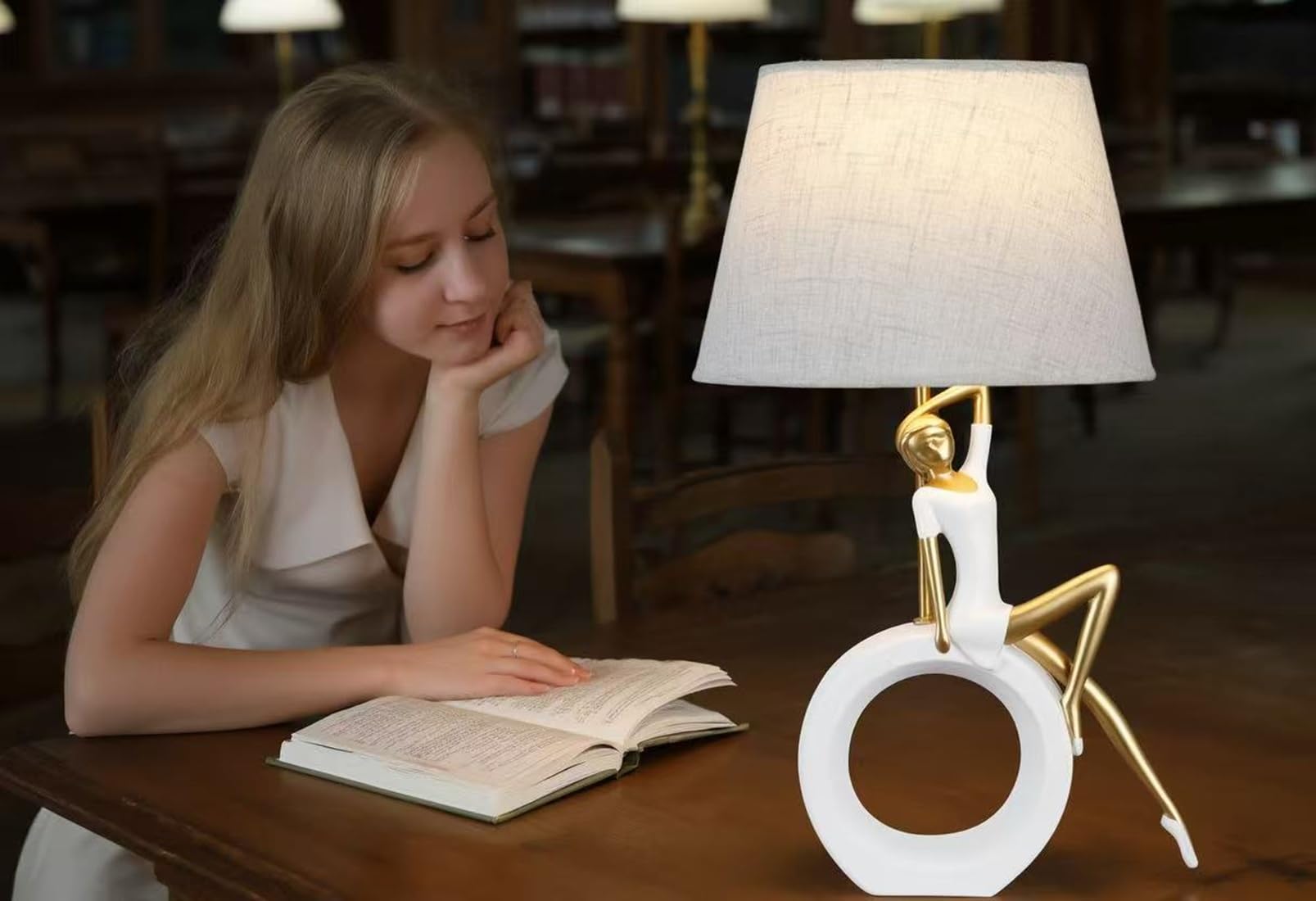 Lámpara de mesa decorativa de 48,3 cm, lámpara de noche moderna con pantalla de lino, base de resina sintética blanca y dorada, incluye fuente de luz LED