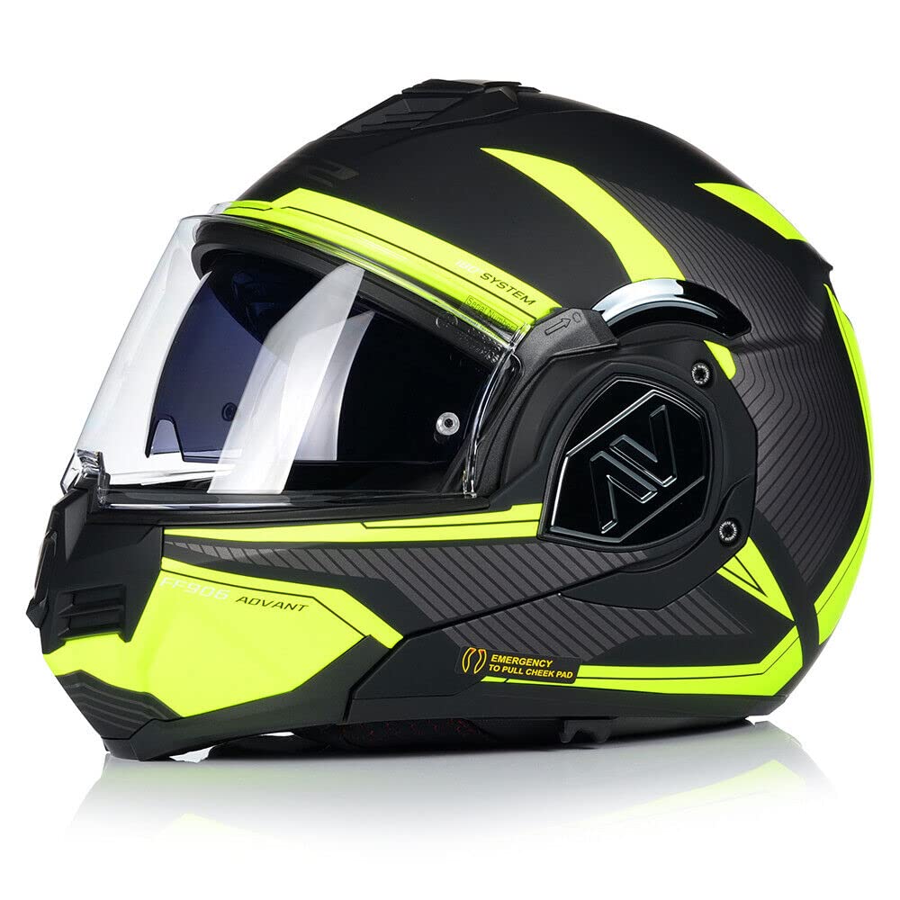 LS2 FF906 ADVANT REVO Flip-Front Motorbike Modular Dual Visor Motorcycle Scooter Urban Touring Convertible Crash Helmet, Matt Black Hi-Viz Yellow