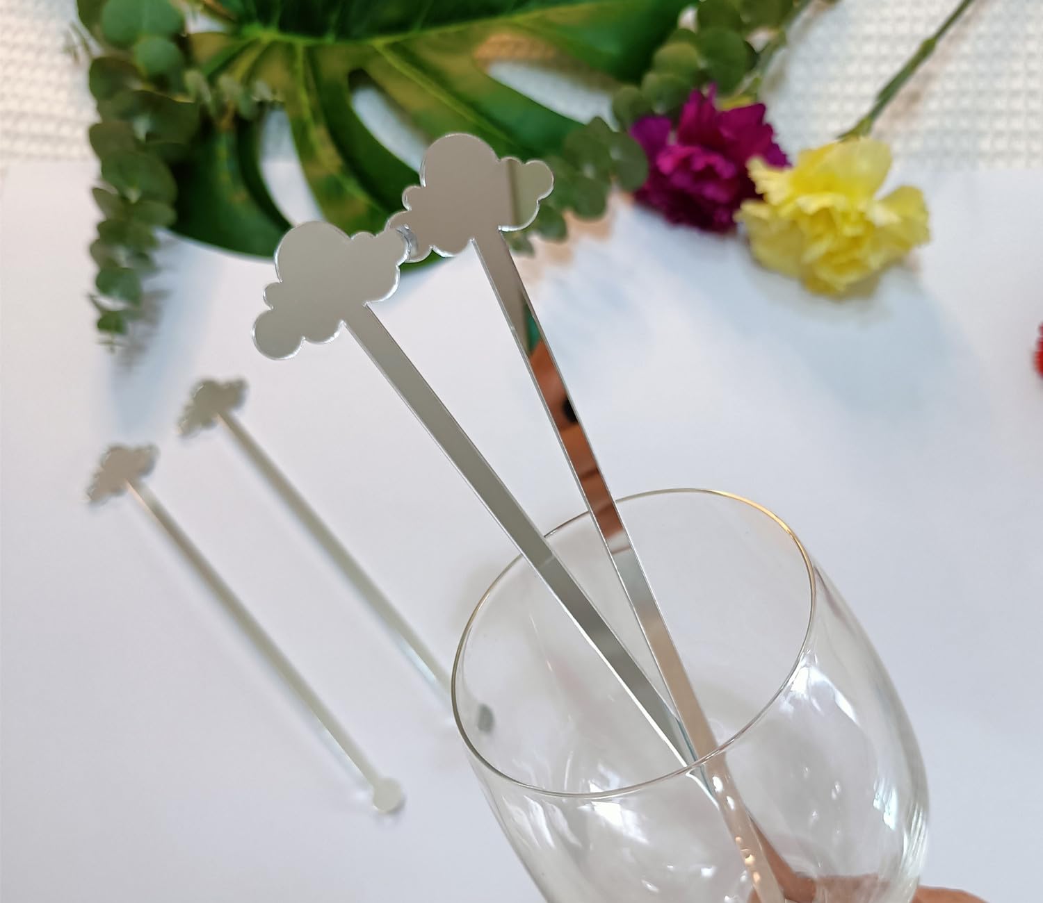 Cloud Drink Stirrers,Acrylic Stir Sticks for Engagement Party,Party Decor,Baby shower,Bridal Shower,Birthday (Silver Mirror)
