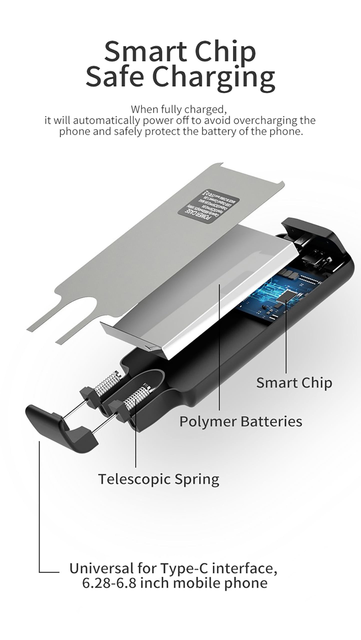 Ellenne Funda Universal de Batería Inteligente, 4220mAh Conector USB-C, Funda de Batería Recargable Power Bank, Compatible con XIAOMI, SAMSUNG, OPPO, HUAWEI hasta 6.8 Pulgadas