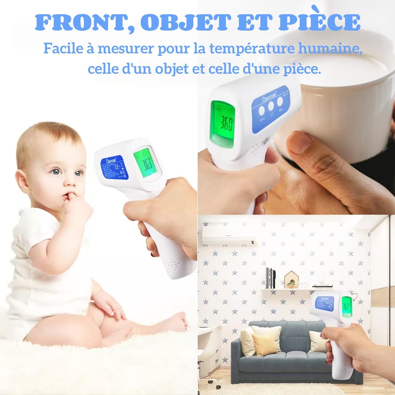 Thermomètre Frontal Adulte et Bébé, Berrcom Thermomètre Médical Infrarouge sans Contac avec Lecture Instantanée, Alarme de Fièvre, Mode Muet, Rappel de Mémoire