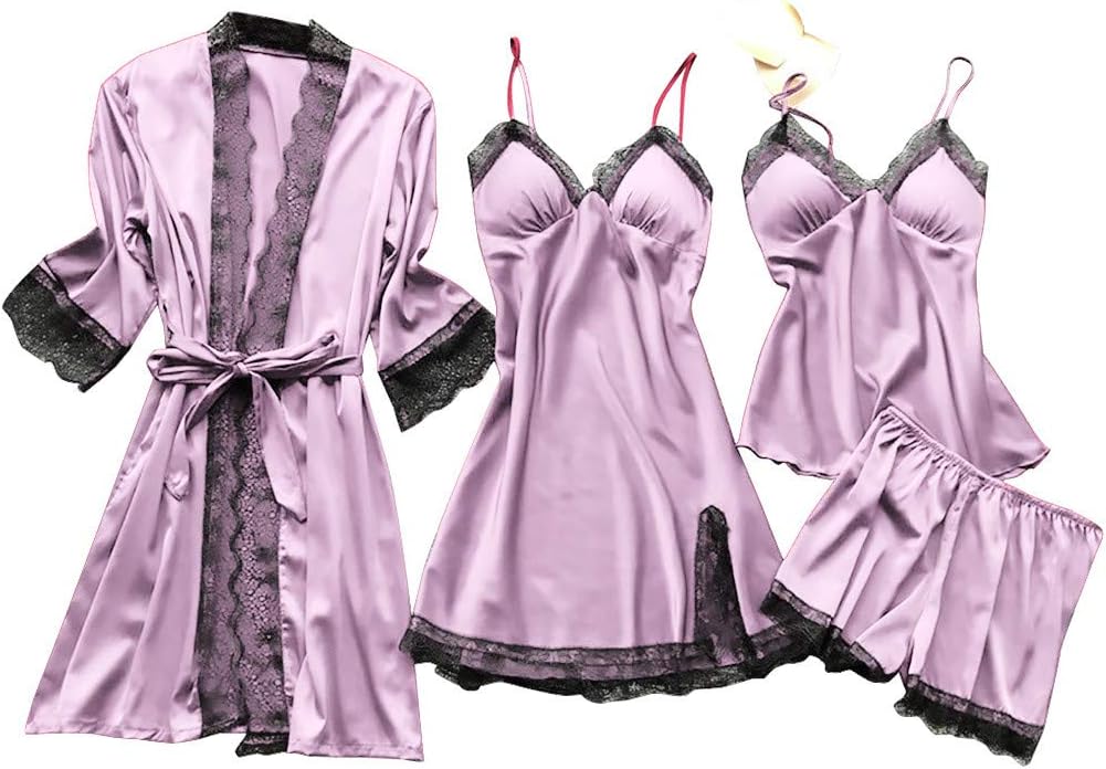 Maryia Women's Pajama Sets 4pcs Floral Lace Trim Satin Cami Sleepwear with Robe Babydoll Strap Halter Teddy Lingerie