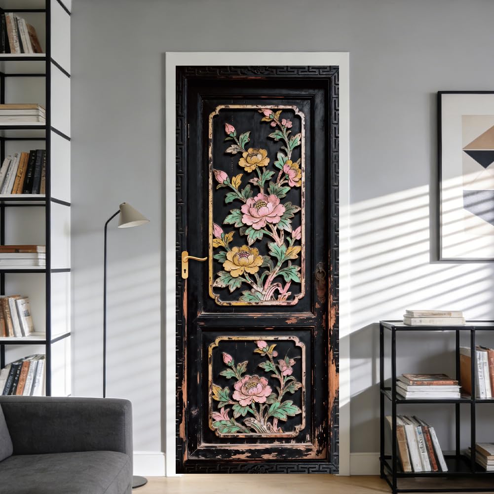 CRAFTYMELODY Door Sticker Peel Stick Removable Self Adhesive Door Mural Decal Vinyl PVC Waterproof Door Cover Wallpaper for Home Office Shop Decoration 31.48×78.74 Inch Vintage Floral