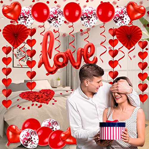 Valentines Day Party Decoration Kits, 36 Inch Love Foil Balloon, Red Heart Balloons, Heart Paper Fans - Image 2