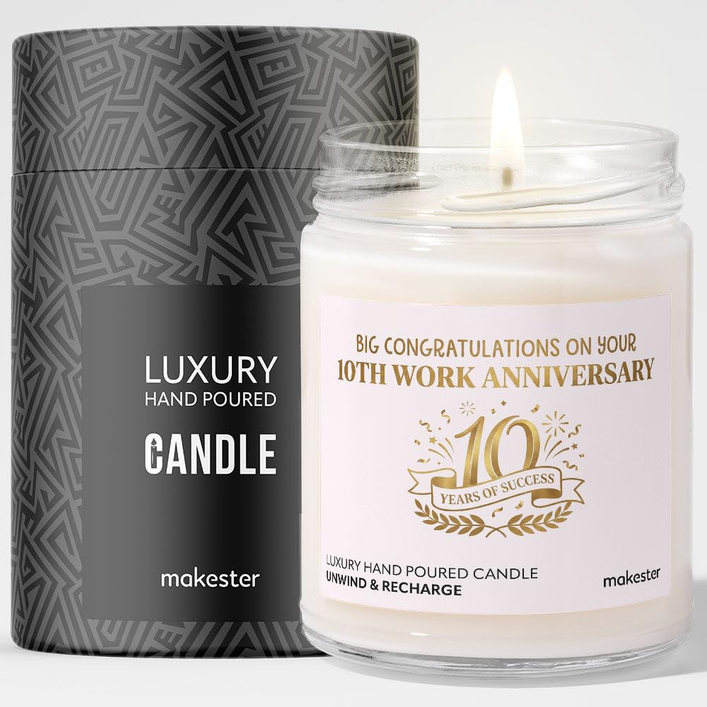 10 Year Anniversary Candle Gift for Employee - Luxury Soy Wax Candle - Vanilla, Jasmine, Sugared Almond - Makester โ image 1