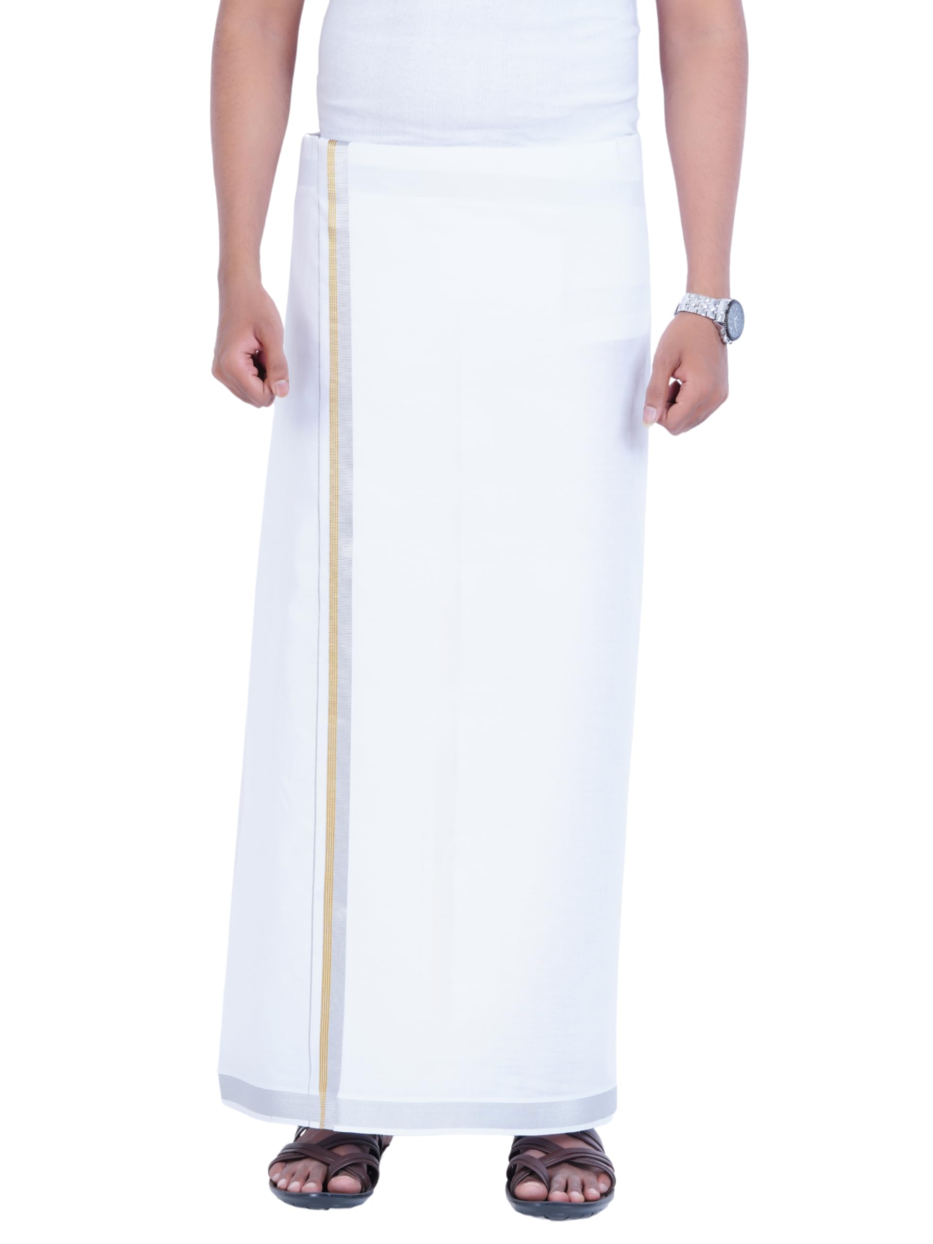Mens Single White Dhoti with Silver Gold Jari Border Single Dhoti (1.28X2.00 mtrs)-image-30