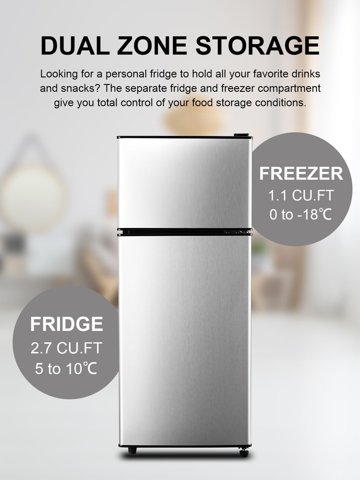 Krib Bling Refrigerator With Freezer 3.8 Cu.Ft With 7 Level Adjustable Thermostat Control 2 Door Lock Fresh Energy Saving Top-Freezer Compact Refrigerator Silver on Fridge.com - View 4