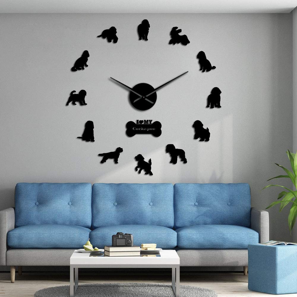 Vcs Black Diy Large Wall Clock Cocker Spaniel Dog Breed Frameless Diy Giant Wall Clocks Silent Movement Watch Spoodle Lovers Gift (Black、37Inch)