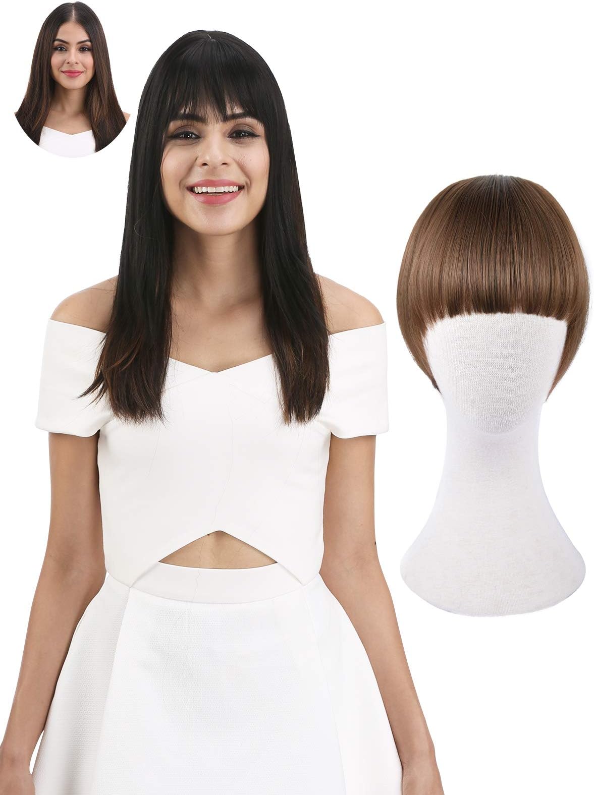 REECHO Fashion Full Length Synthetic 1 Piece Layered Clip in Hair Bangs Fringe Hairpieces Hair Extensions Color - Warm Light Brown
