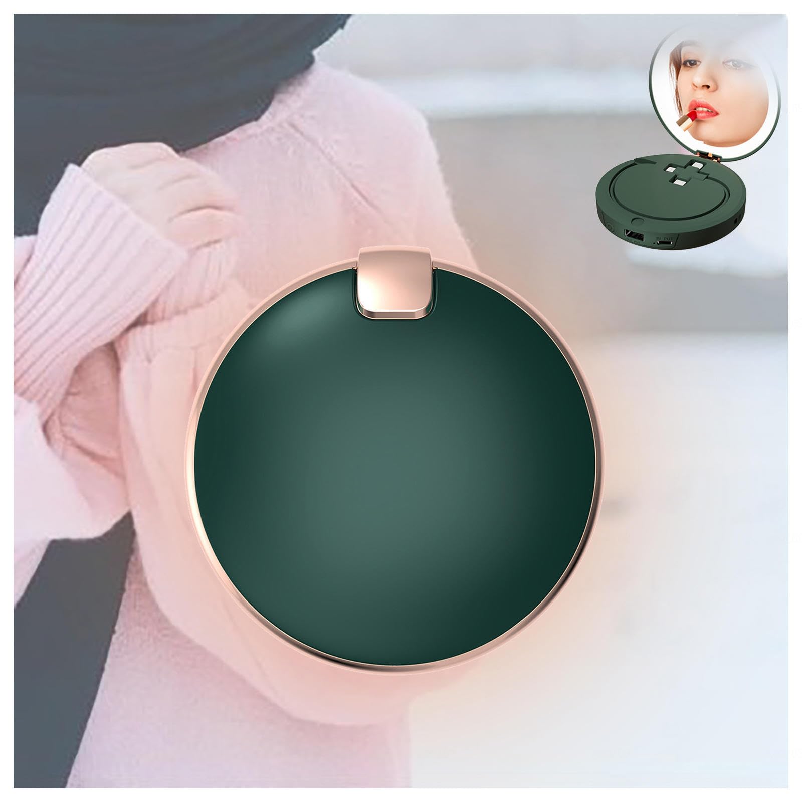 ARTSIM Chauffe Main avec Miroir Cosmétique,Banque D'énergie, Chaufferette Main Reutilisable 5000mAh/2 Niveaux De Chauffage pour L'extérieur/L'intérieur/Travail,Green
