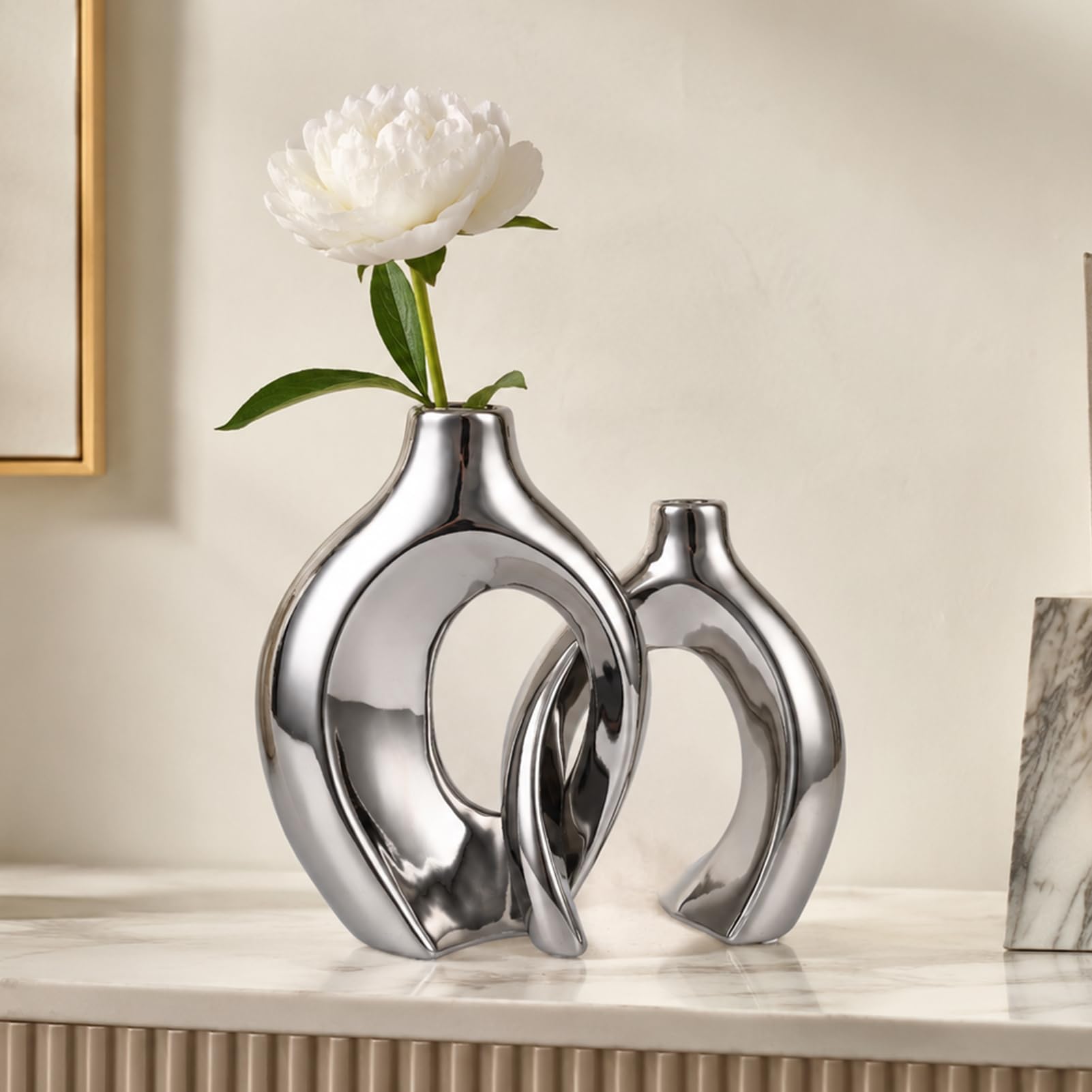 Juego de 2 Jarrones De Cerámica Huecos -Decoración Bohemia Moderna para Comedor, Sala de Estar, Oficina, Dormitorio Flores Secas y Pampas Regalo Ideal para Inauguración de Casa