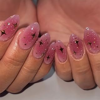 Hot Pink Press on Nails Short Almond Fake Nails with Star Glitter Designs Glossy Glue on Nail Reusable Artificial Acrylic Almond Shape Full Cover Stick on False Nail for Y2K Women 24 Pcs