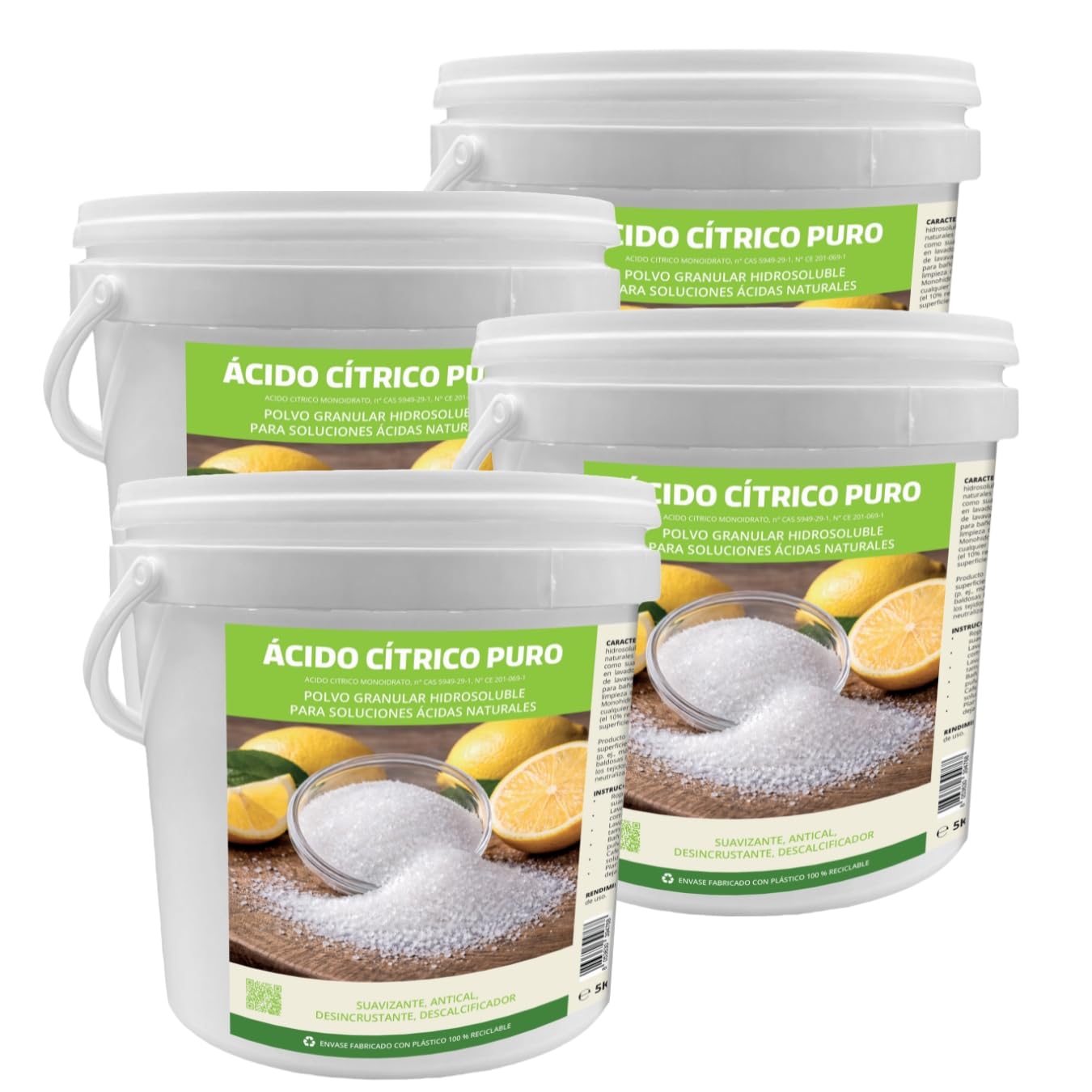 MARBEC ÁCIDO CÍTRICO PURO 5KGx4UDS Detergente desincrustante antical, suavizante natural, polvo hidrosoluble, para baño, cocina, electrodomésticos.
