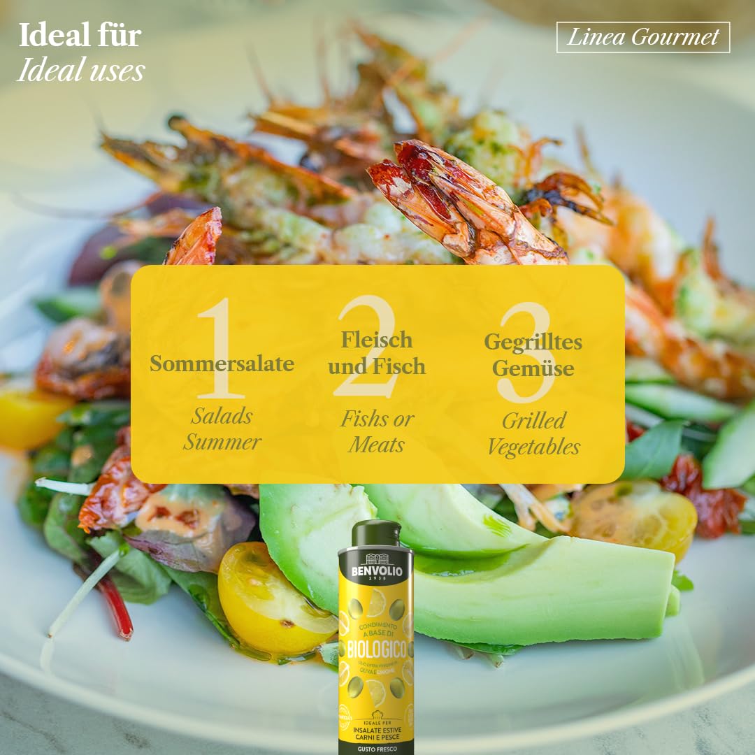 BENVOLIO Bio-Zitronenöl 250ml - Kaltgepresst aus Ausgewählten Oliven, Aromatisiert mit Echtem Zitrone: Ideal für Salate, Fleisch und Fisch - Reich an Vitamin E & C, 100% Natur, Verdauungsfördernd.