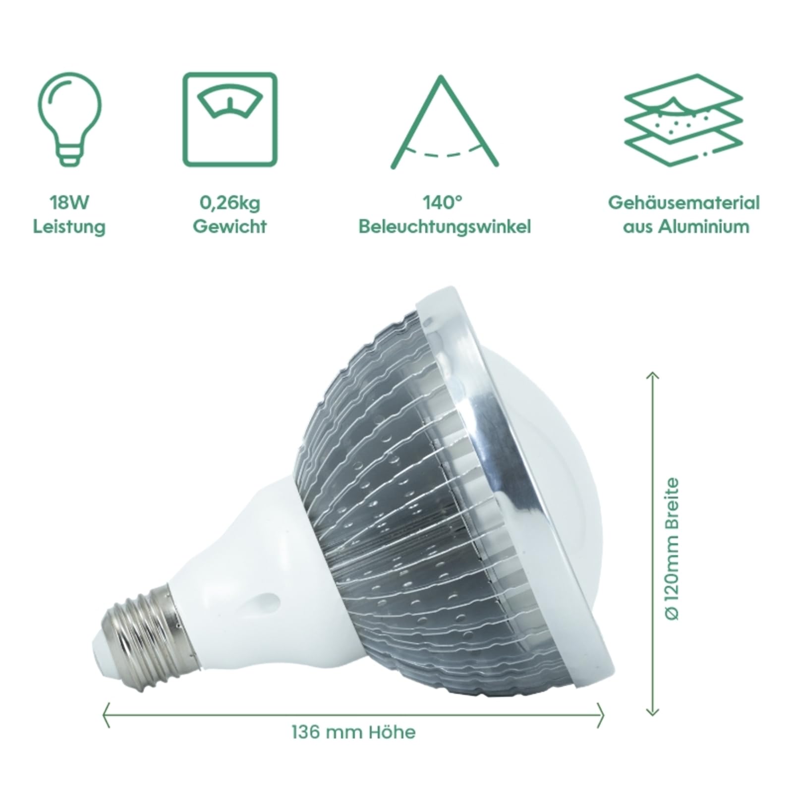 Venso Pflanzenlampe 136mm 230V E27 18W Neutralweiß Reflektor