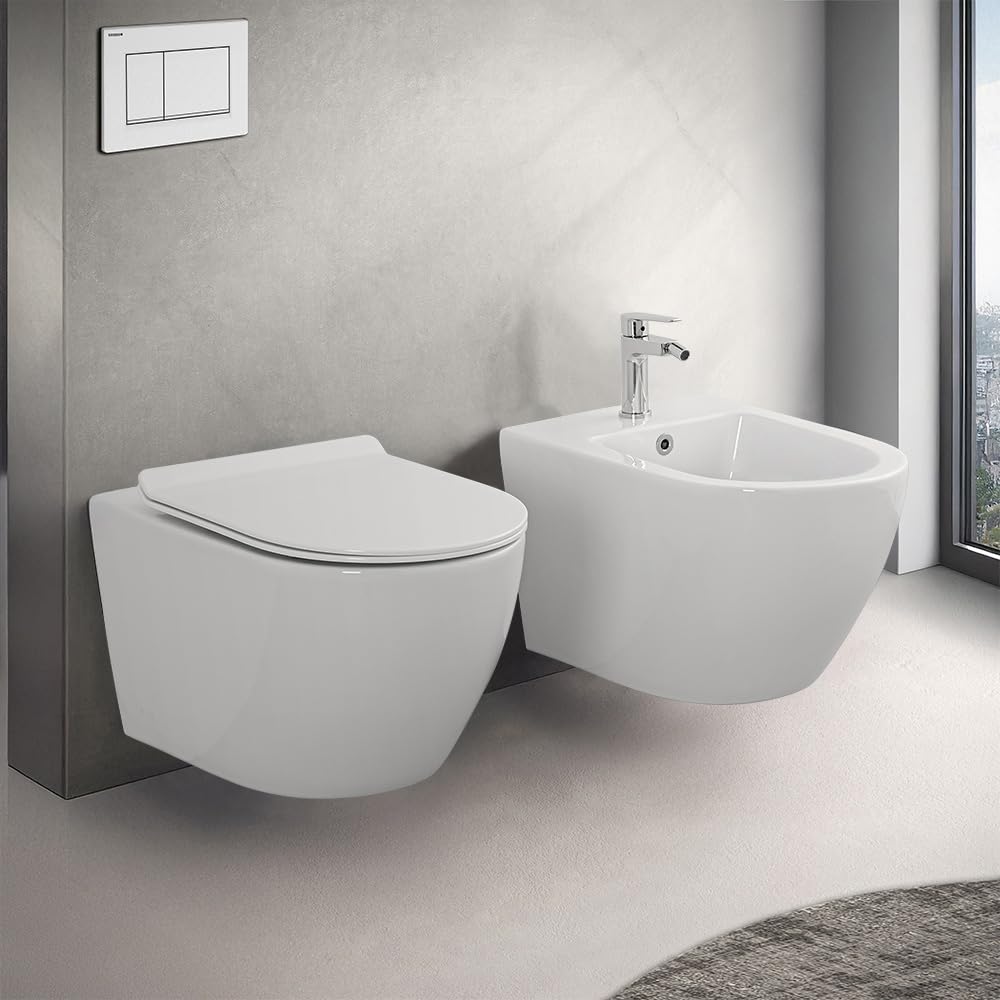 Set Sanitari Vaso + Bidet Sospesi Rimless Bianco con Copriwater Soft-Close