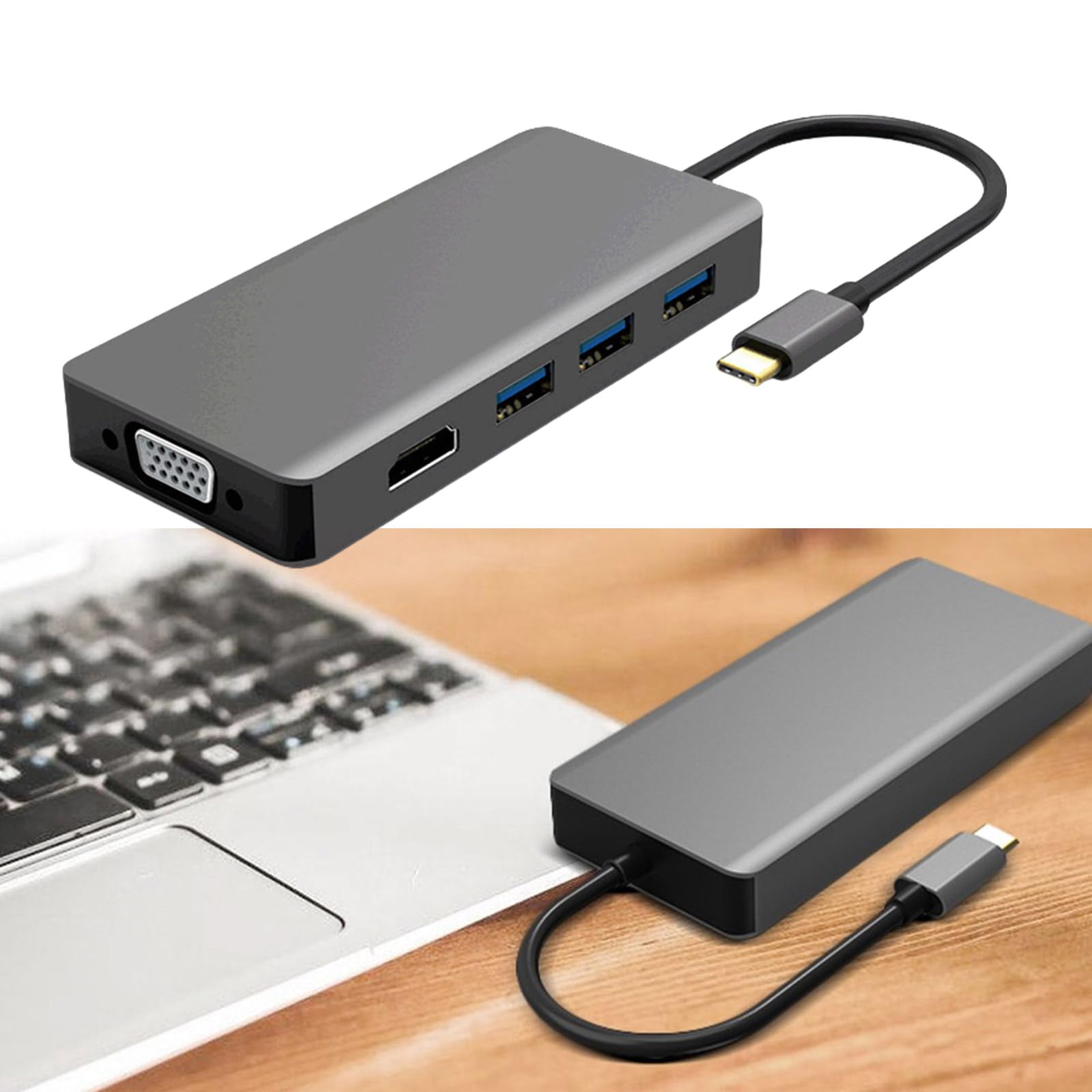 Adaptateur USB C HUB USB 3.1 vers vidéo + convertisseur VGA (prise en charge vidéo et VGA) pour présentation et travail de conception