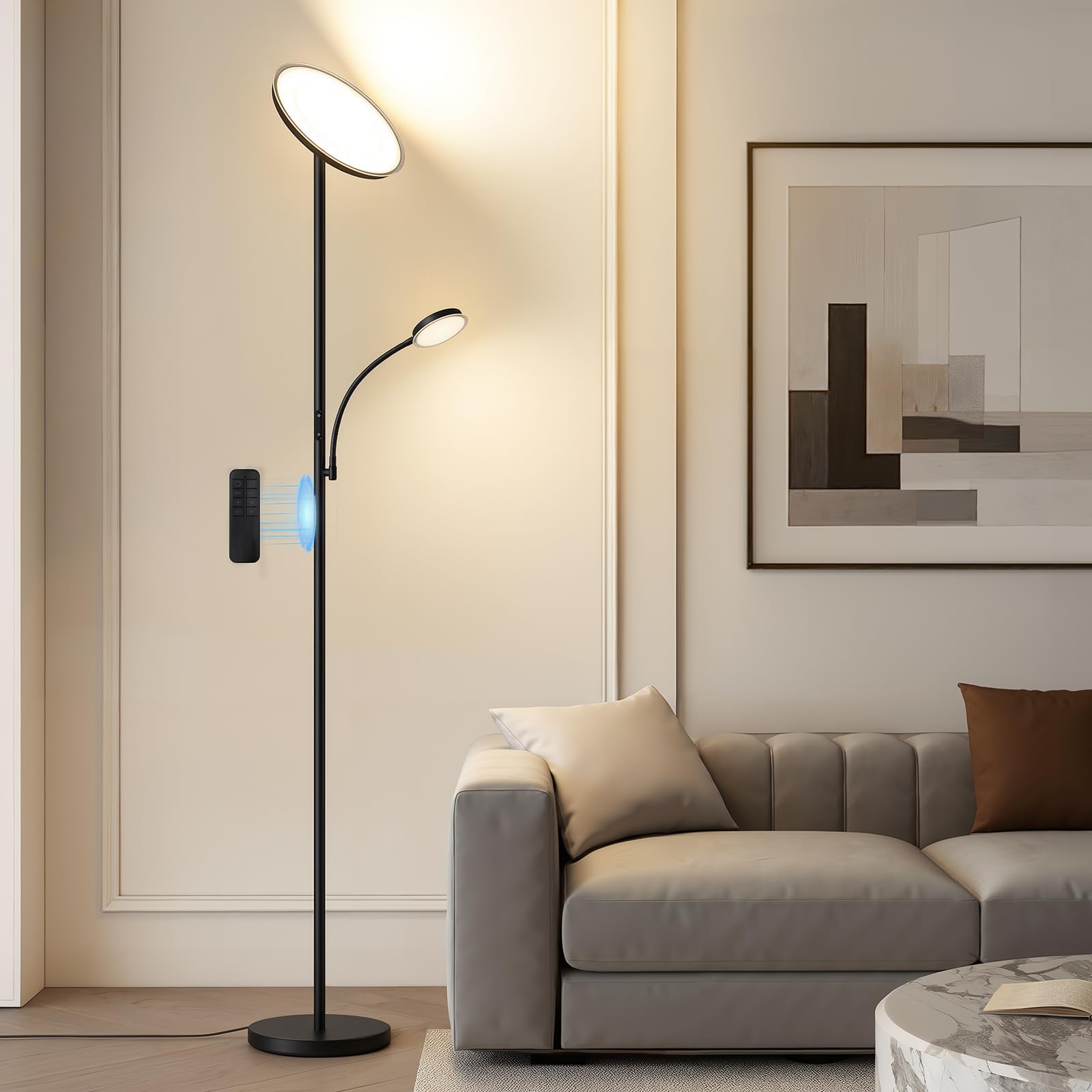GyroVu LED Uplighter Floor Lamp, Standing Lamp with Remote & Touch Control, 3000K-6500K Color Temperature, Modern Floor Lamp for Living Room Bedroom Office Black