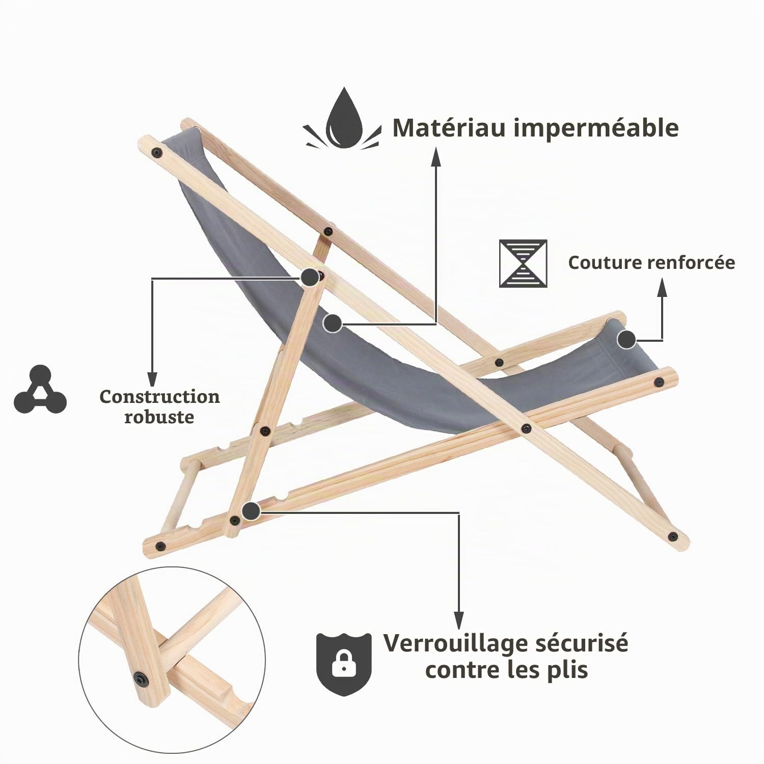 Lot de 2 chaises longues pliantes en bois - Charge maximale : 120 kg - Pour plage, camping, balcon, piscine, chaise pliante en bois, chaise longue de plage, résistante aux intempéries, grise