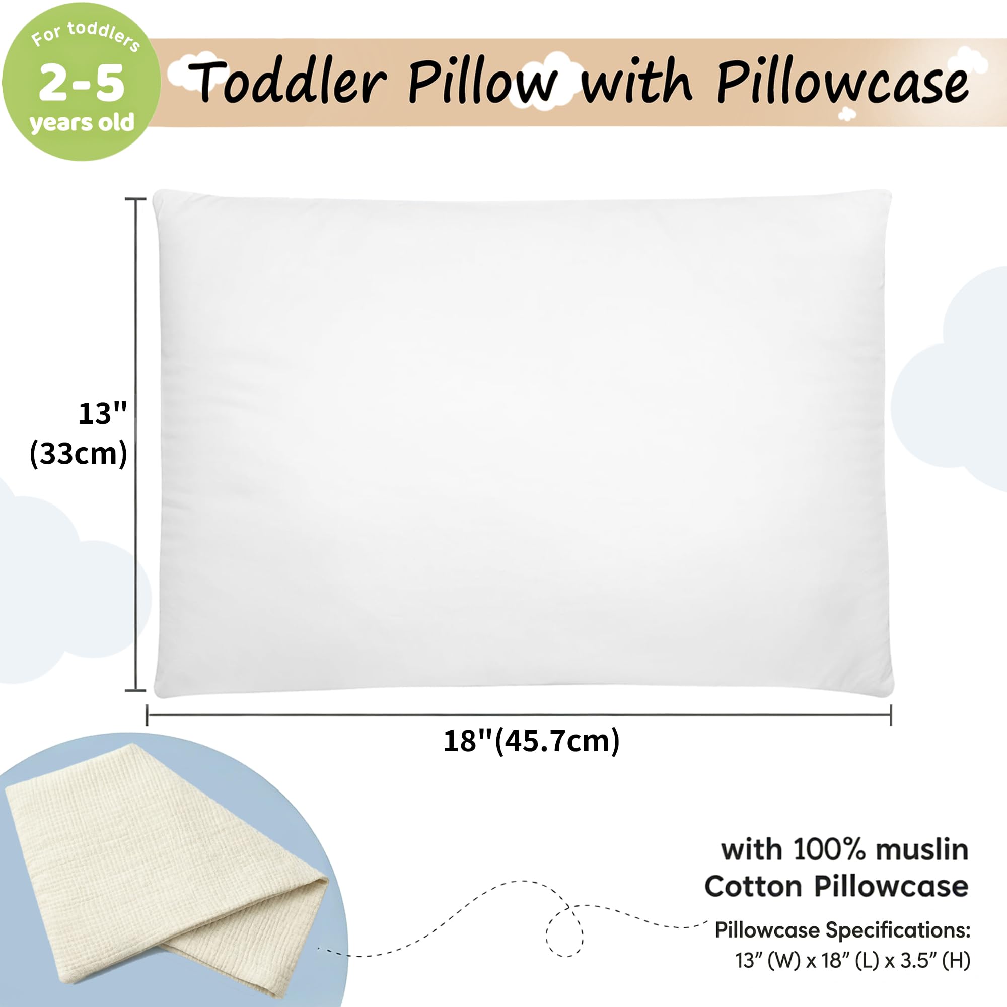 Pro Goleem Almohada para niños pequeños con Funda de Almohada de Muselina de algodón, 13 x 18 Pulgadas, Almohadas Suaves para niños pequeños, Almohada Lavable a máquina, Cuna, Cama, Cuna