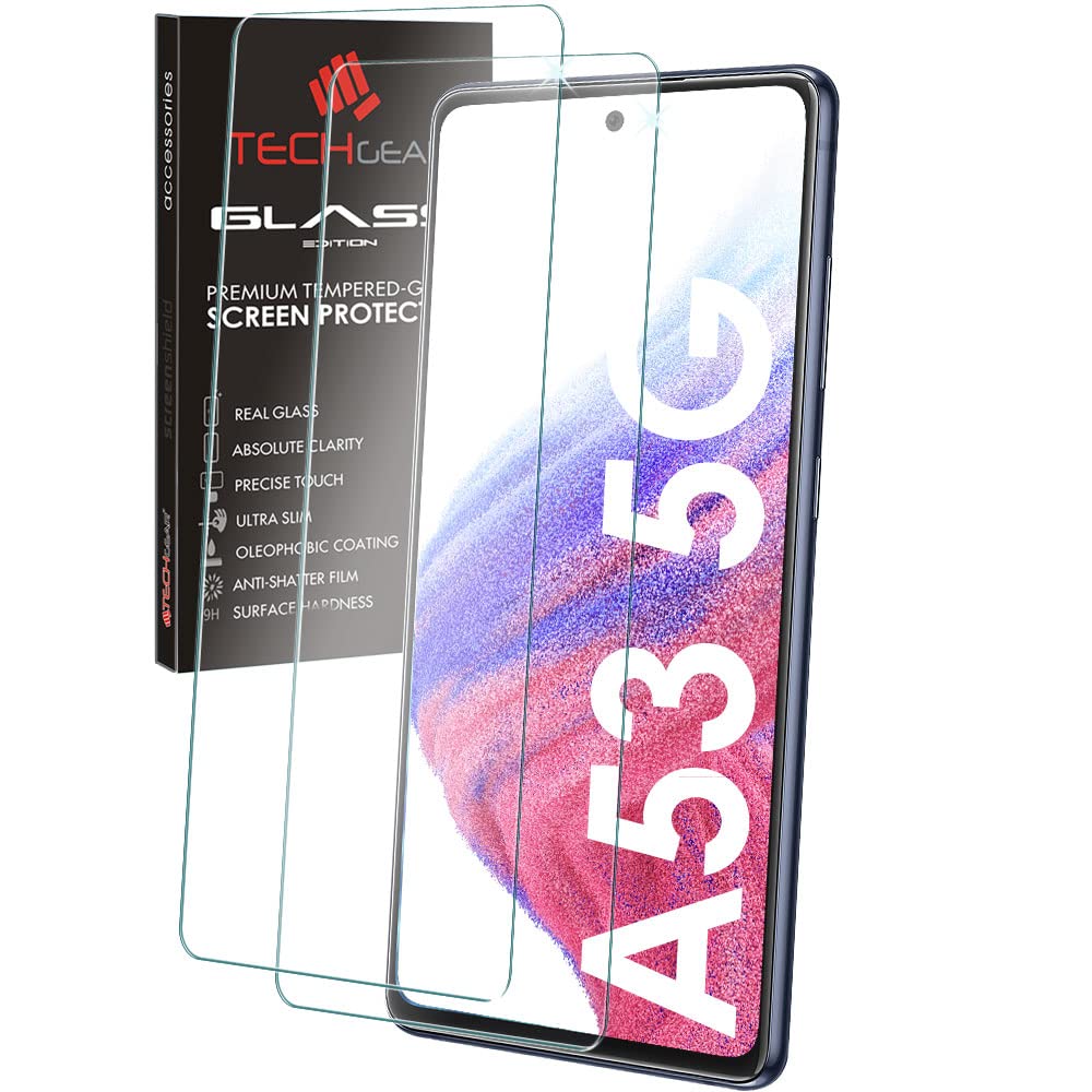 TECHGEAR2 Pack GLASS Edition Compatible with Samsung Galaxy A53 5G, Tempered Glass Screen Protector Covers [2.5D Round Edge] [9H Hardness] [Crystal Clarity] [Scratch-Resistant] [No-Bubble]