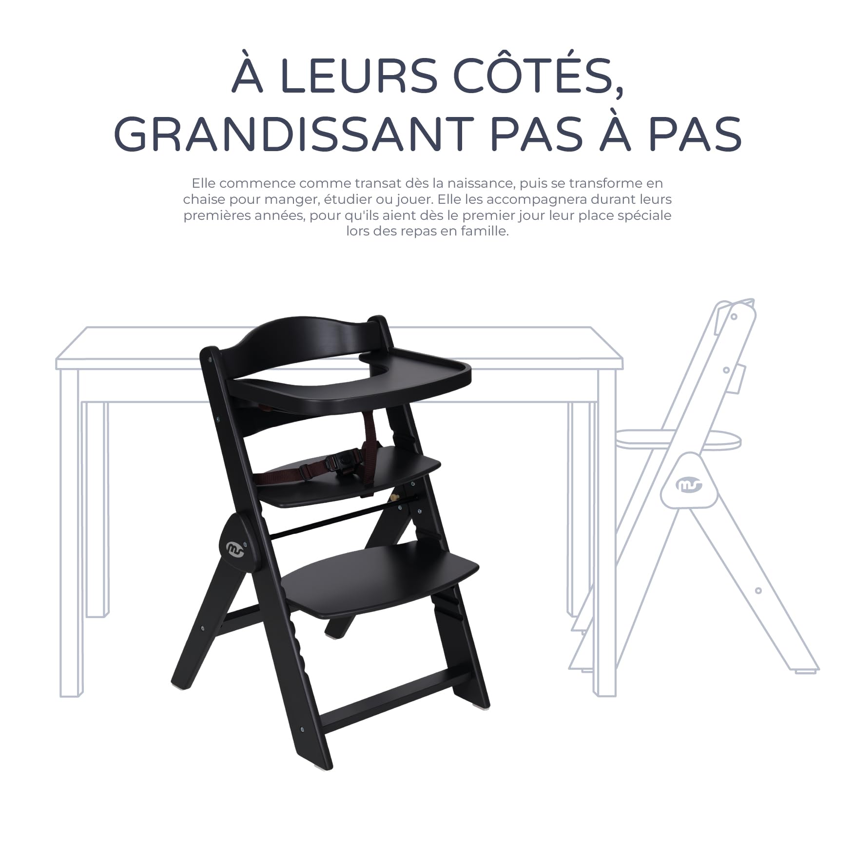 ms Chaise haute pour bébé en bois pliable – évolutive – Chaise haute, ergonomique, réglable, sécurisée, noir/blanc
