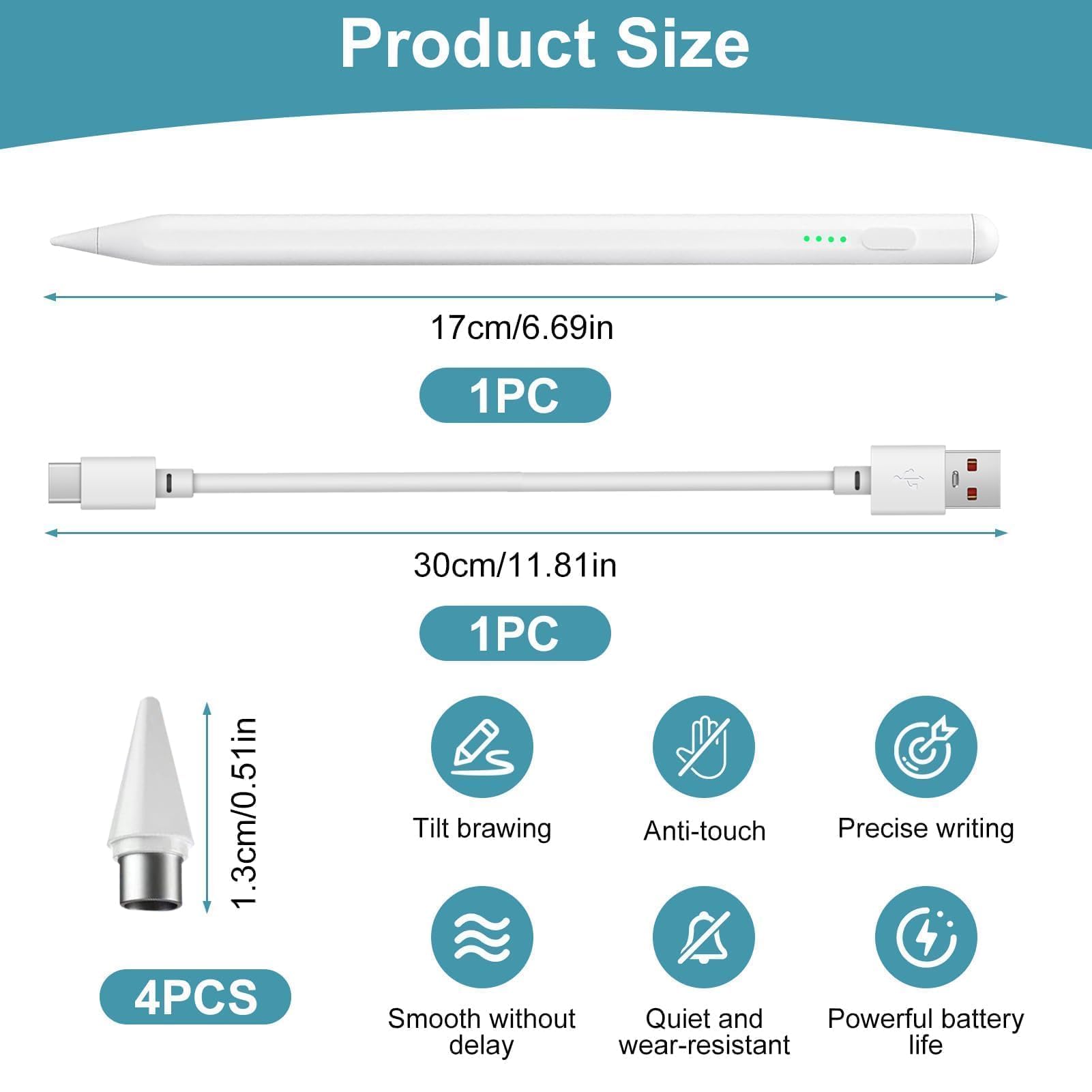 Stylus Pen per Touchscreen Android iOS, Stylus Pencil per Tablet e Smartphone, Penna Universale per Tablet Compatibile con Sam sung/i Phone, Sensibilità all'inclinazione,con 4 punte di ricambio