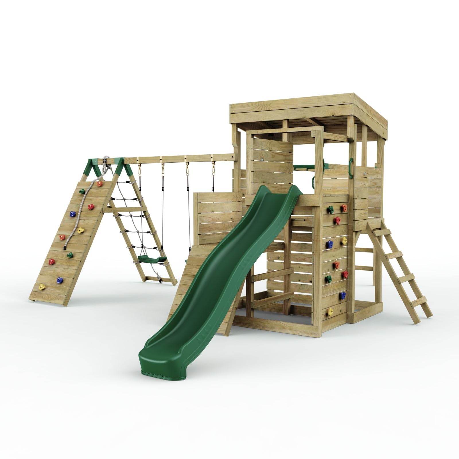 Rebo Green 2 Tier Xl Lookout Tower Playhouse With Double Swing And Monkey Bars Plus Climbing Wall | With 9Ft Slide | Ladder | Pressure Treated Timber, Safe For Children | Outdoortoys | Climbing Wall |